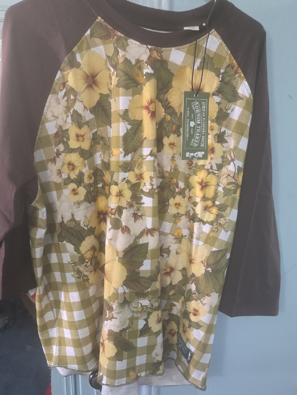 Denim Tears Floral Gingham Raglan Tee - Yellow & Brown